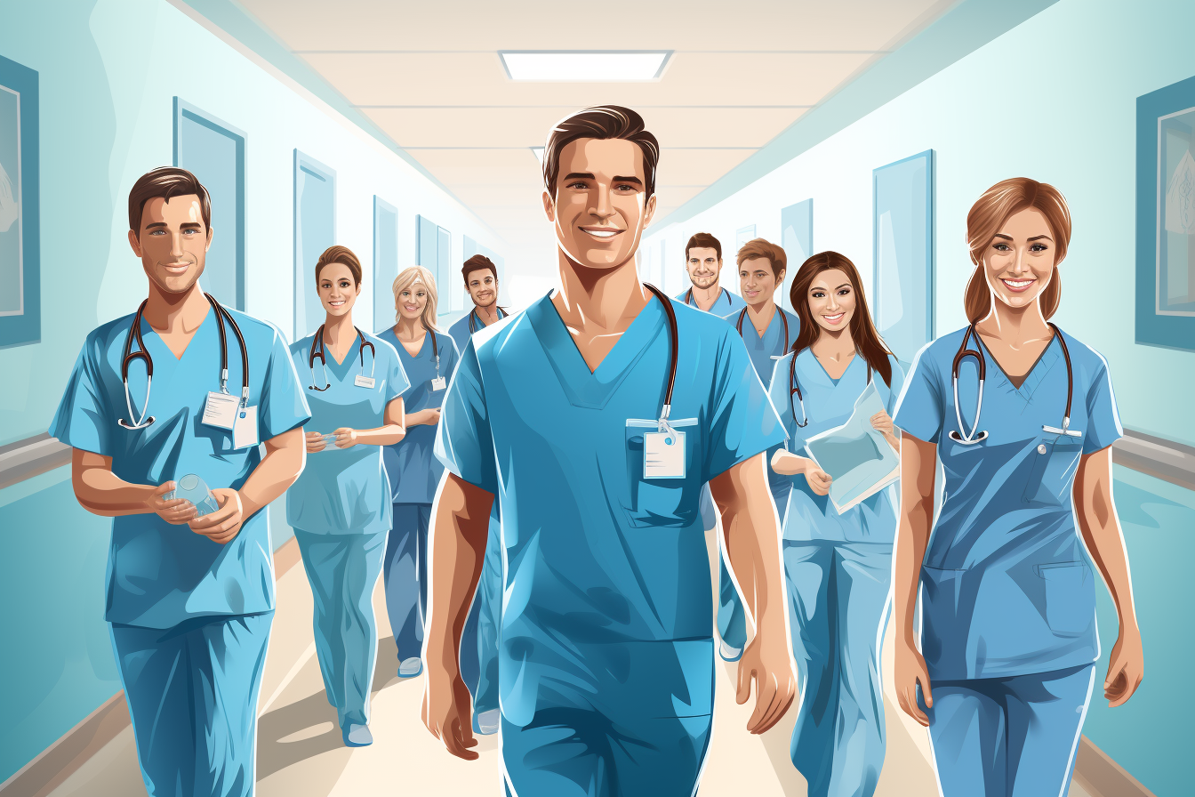 Happy doctors in hospital corridor wearing scrubs