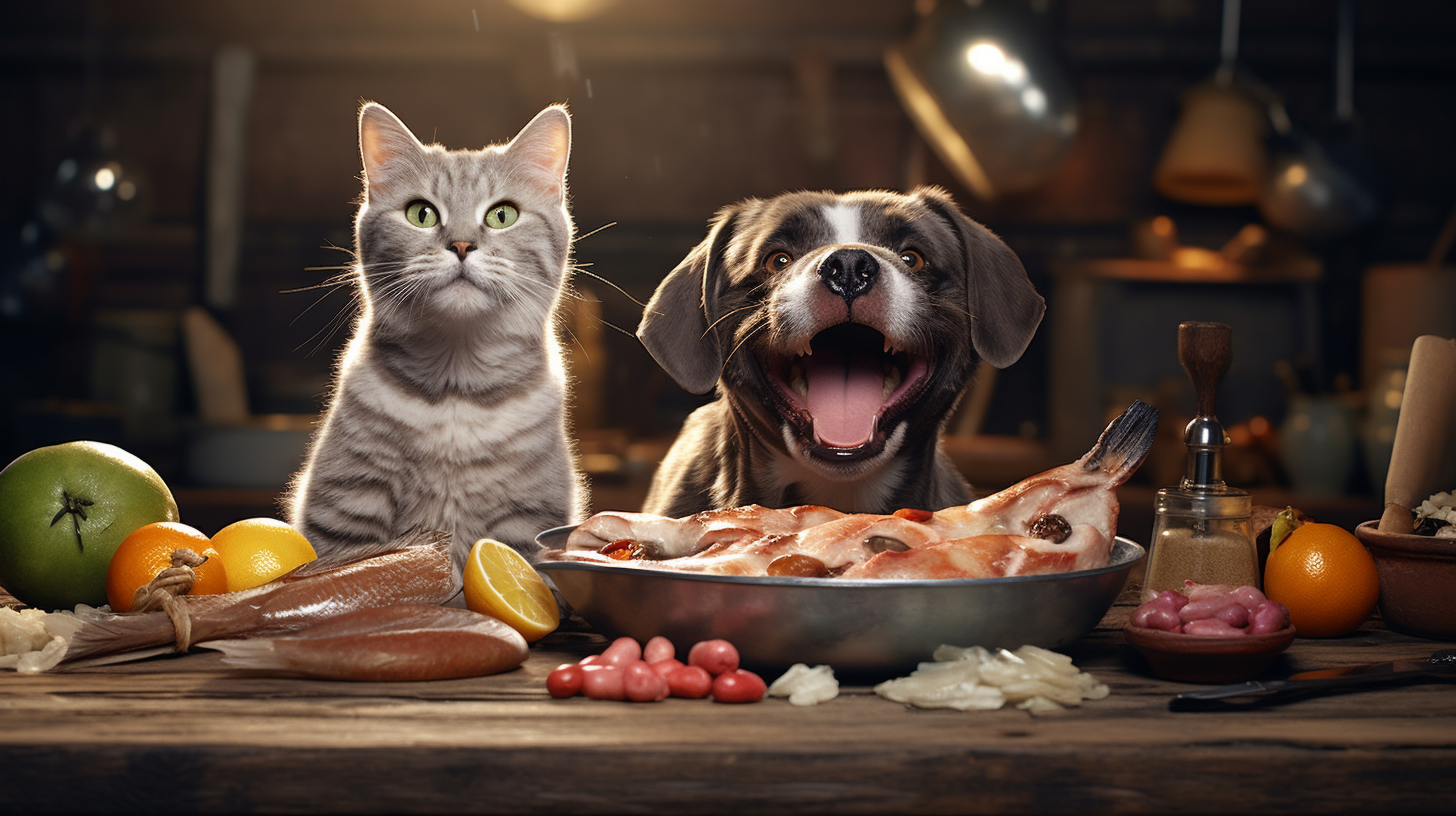 Happy dog and cat with delicious steaks and fresh fish