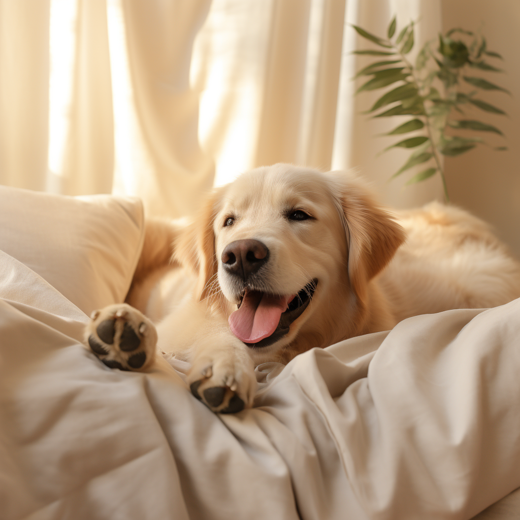 Happy dog on a soft beige bed