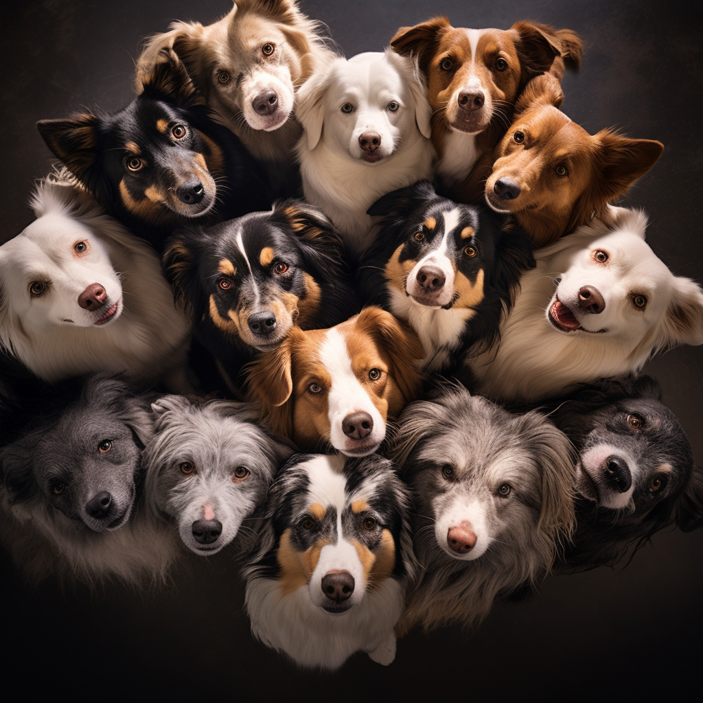 Group of happy dogs in heart-shaped formation