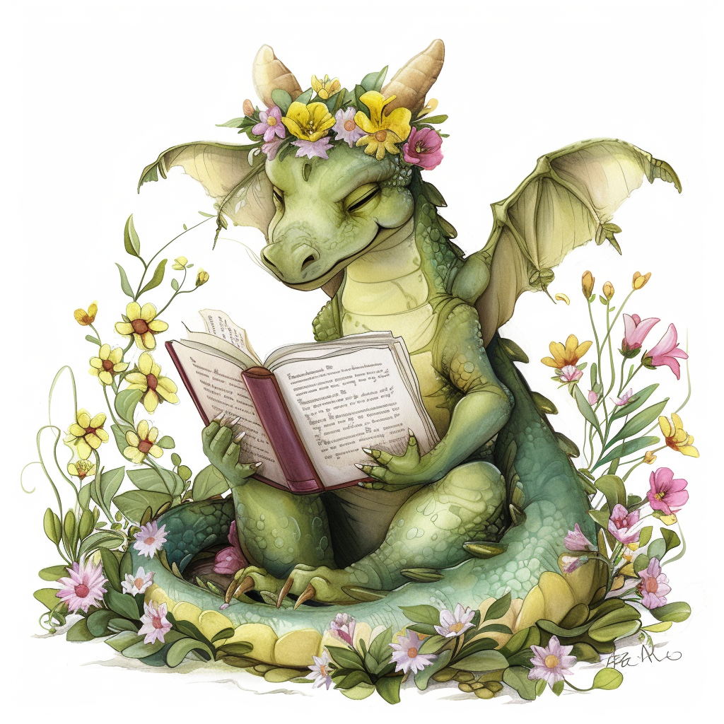 Happy dragon reading book surrounded by spring flowers