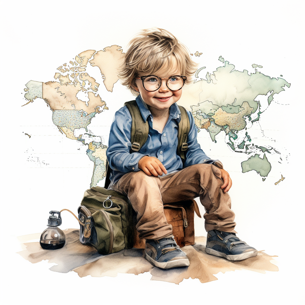 Smiling boy explorer with map and compass