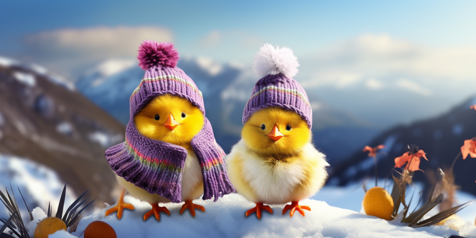 Two Happy Easter Chicks with Woolen Hats, Scarfs, and Mittens