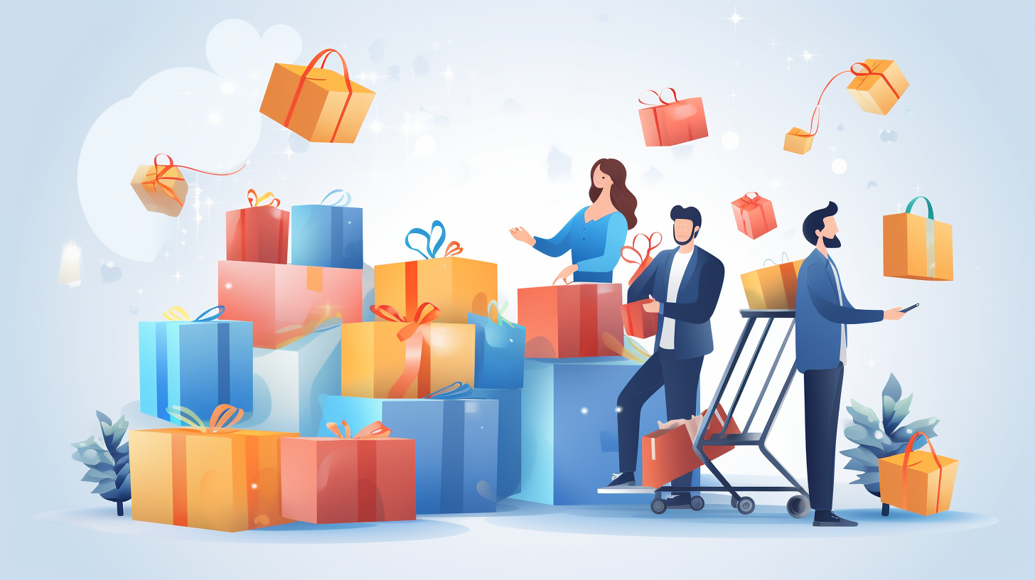 Illustration of happy e-commerce customers shopping online