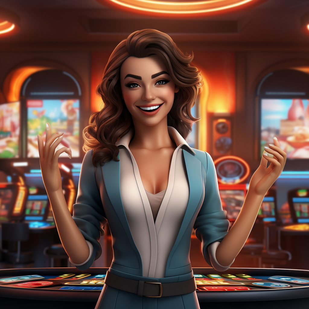 Smiling female casino dealer in slot game room