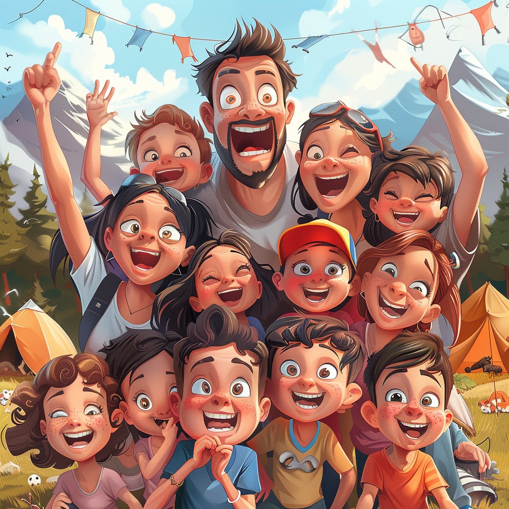 families camping with goofy faces