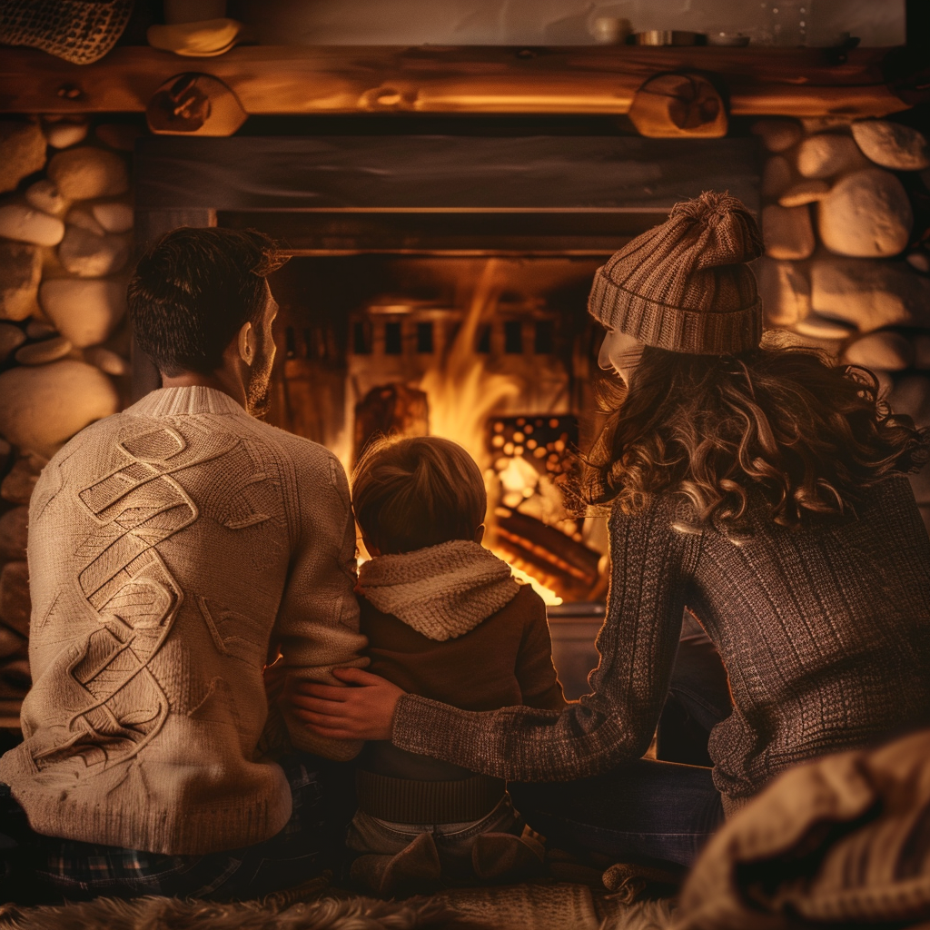 Happy family looking at fireplace