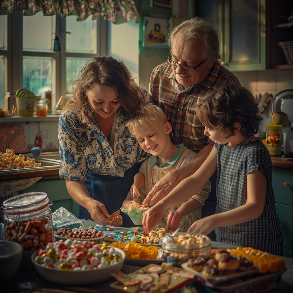 family enjoying sweets in kitchen