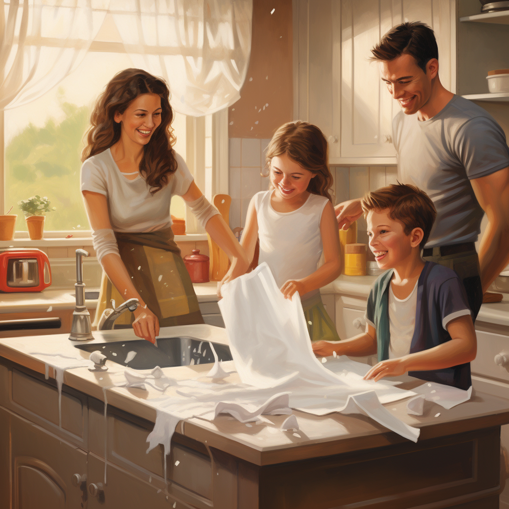 Happy family using paper towels to clean kitchen spill