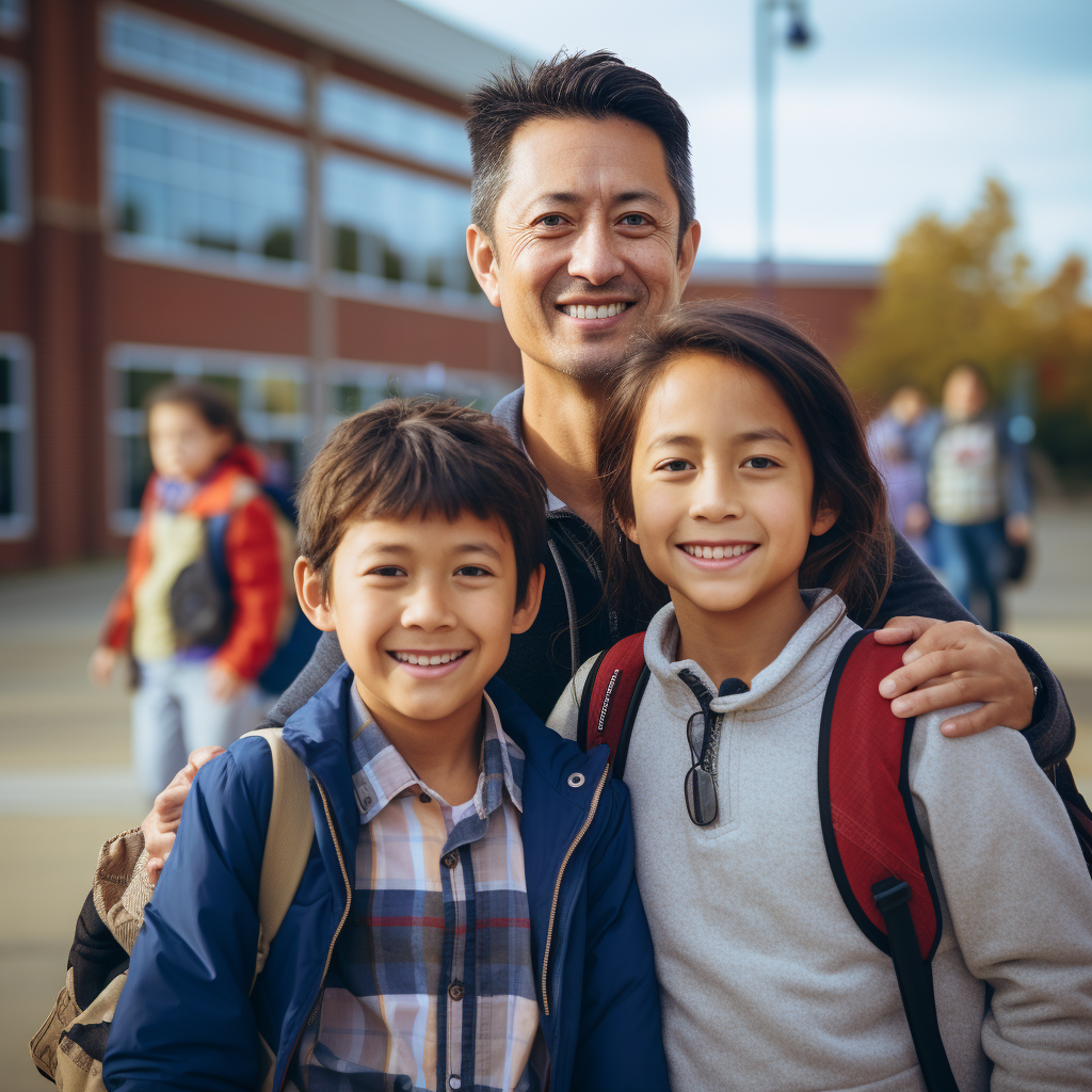 Smiling family in front of school  ?