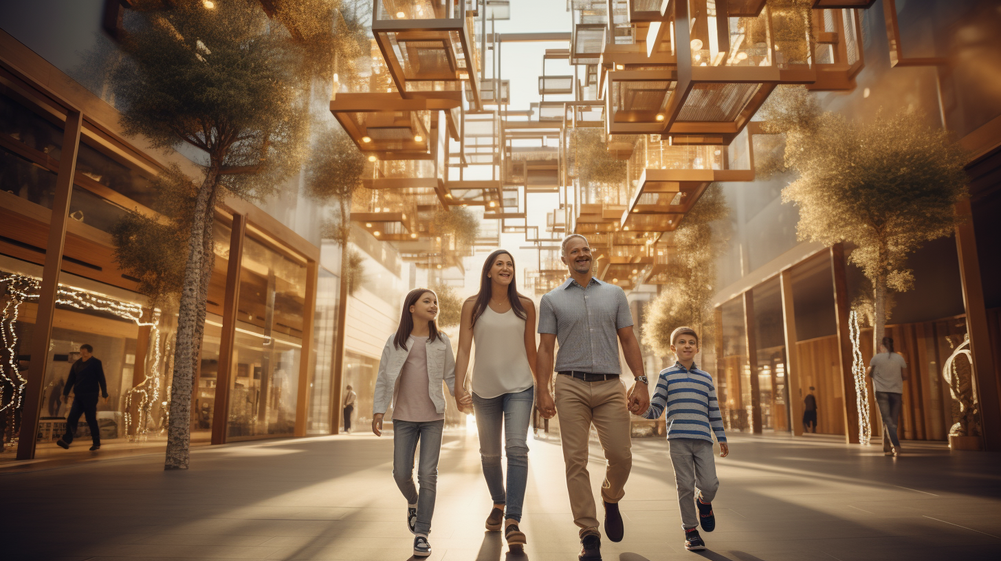 Happy family walking in shopping center