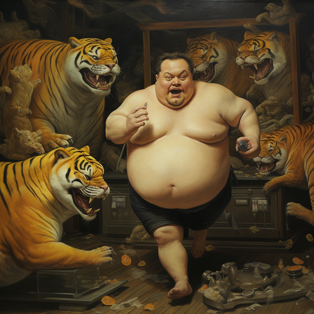 Fat man running from tigers on a treadmill