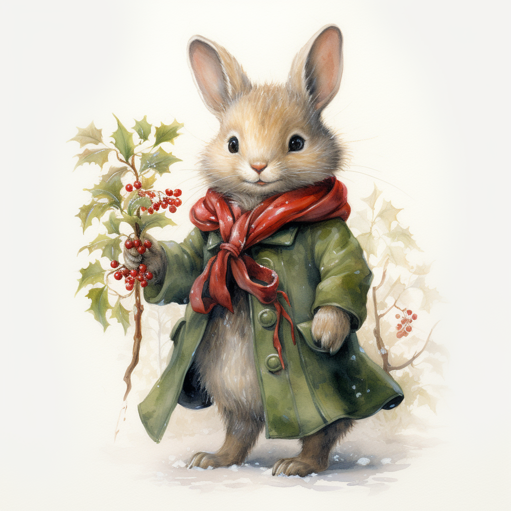 Adorable rabbit in velvet coat with holly