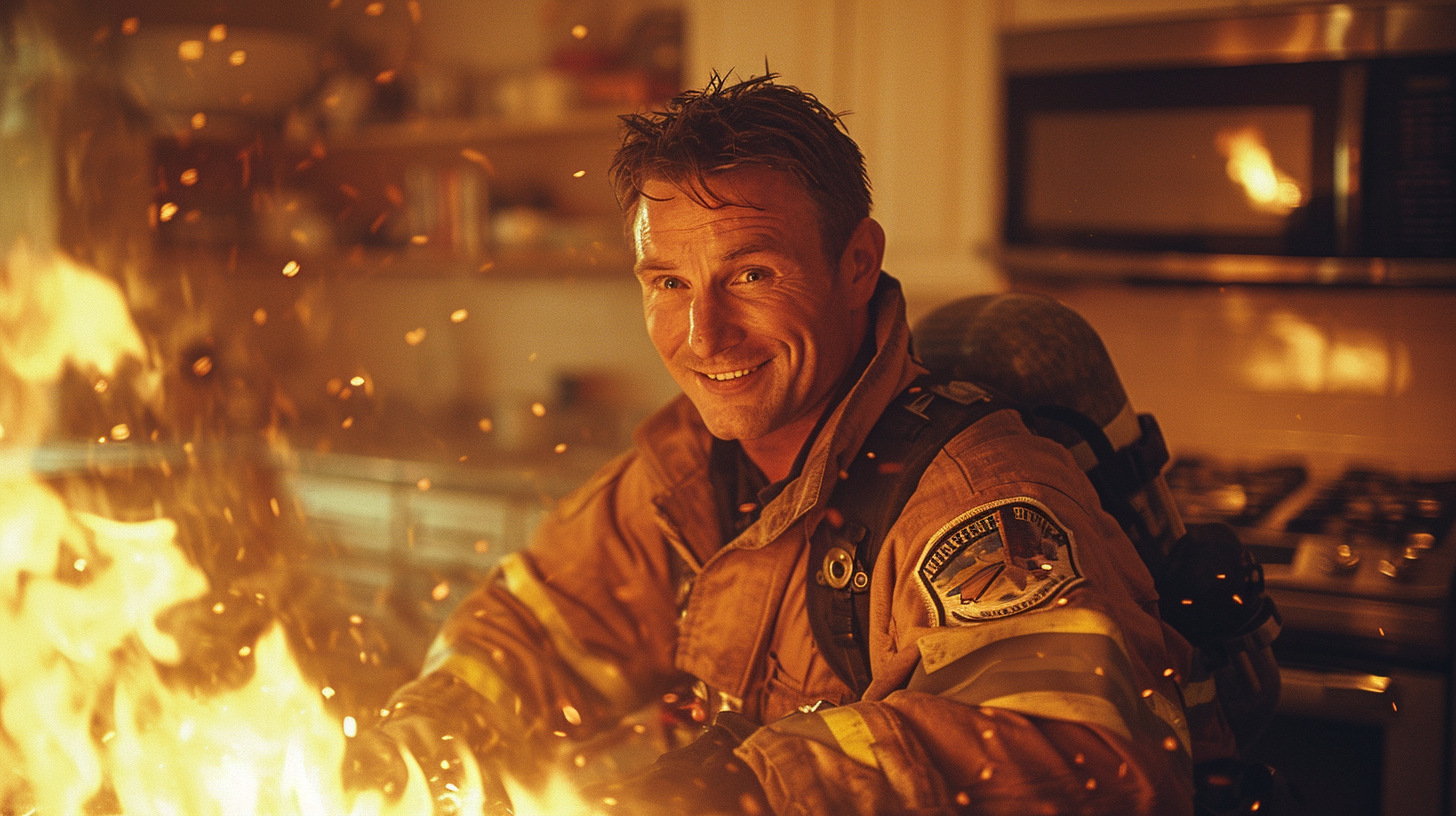 Happy firefighter in modern kitchen