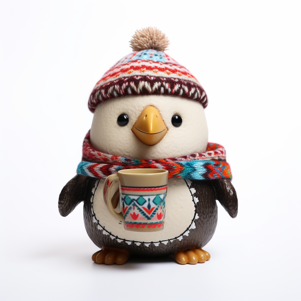 Cute toy penguin with hot chocolate cup