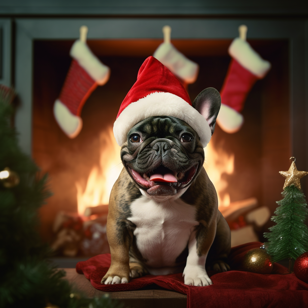 Adorable French Bulldog in Santa Hat by Warm Fireplace