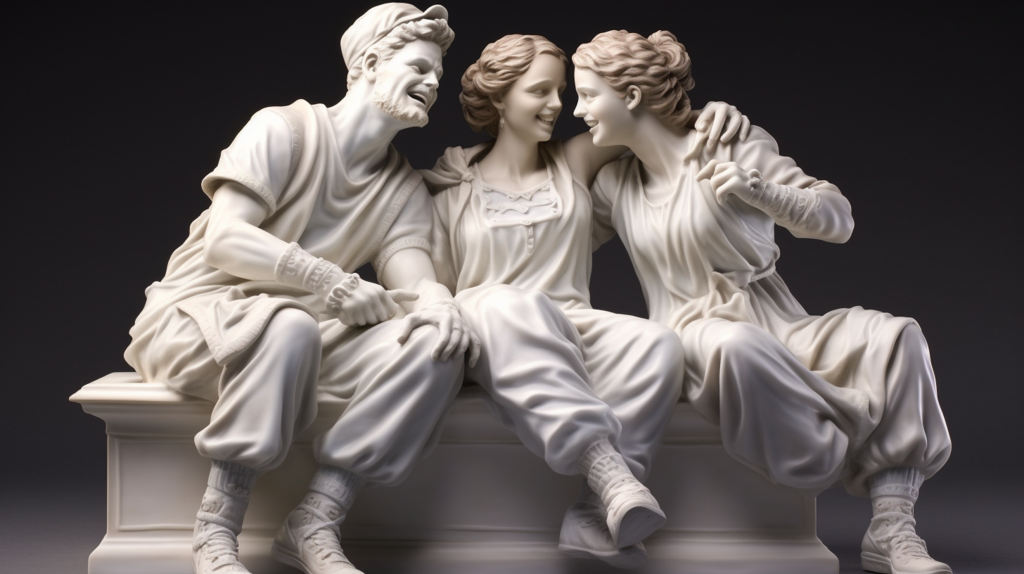 Three happy friends sitting and laughing statues