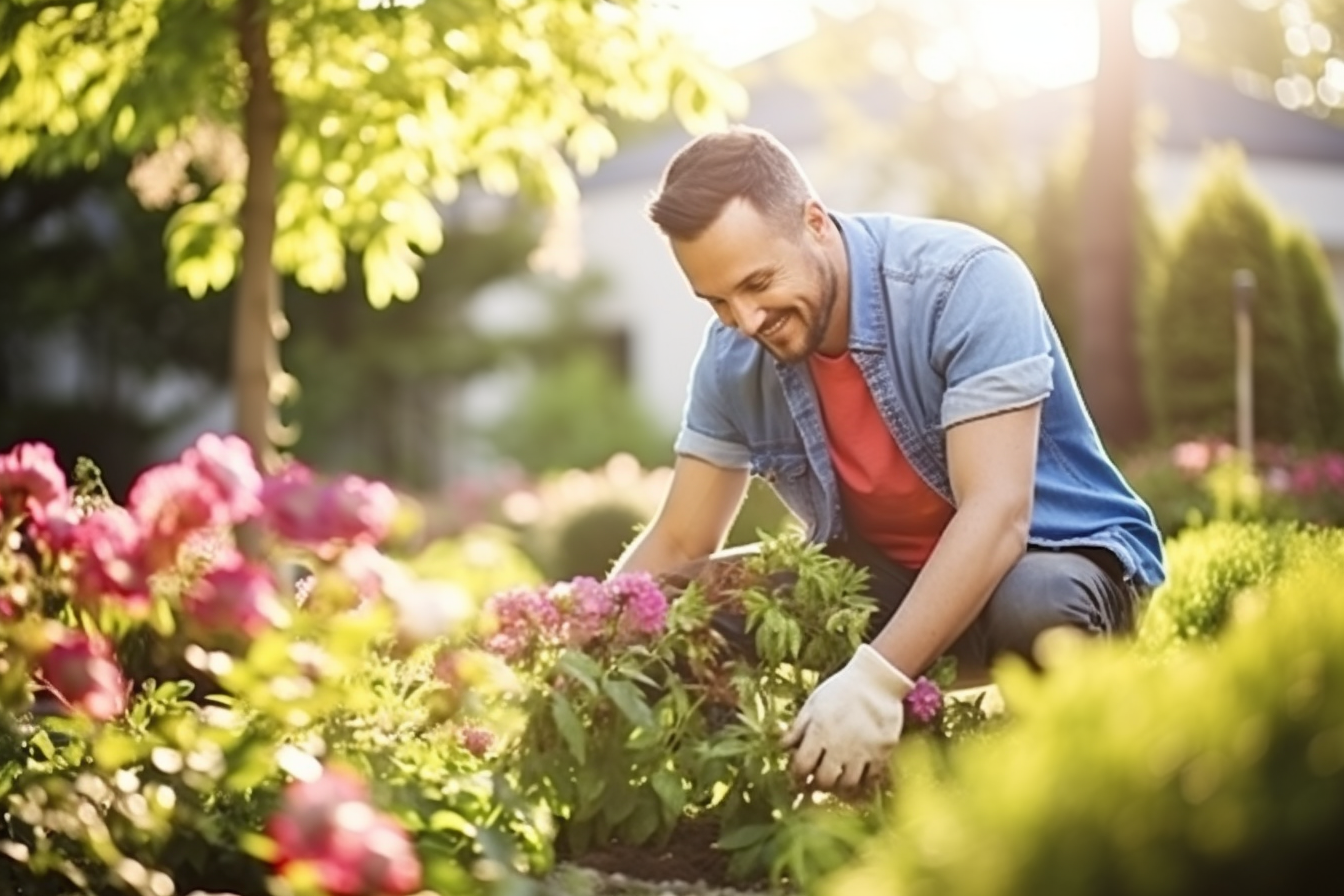 Happy gardener pruning flowers in colorful garden