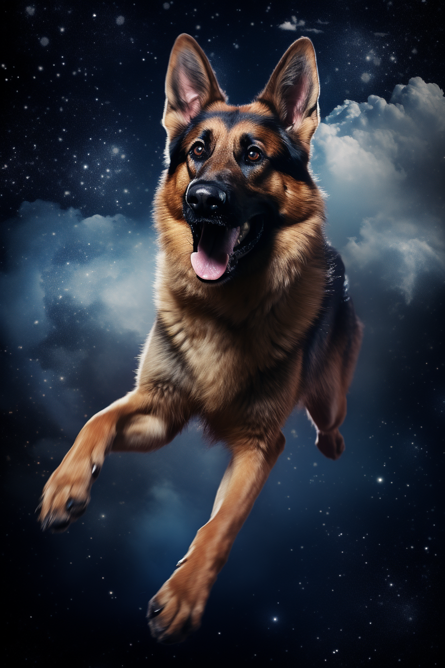 Happy German Shepherd Flying at Night