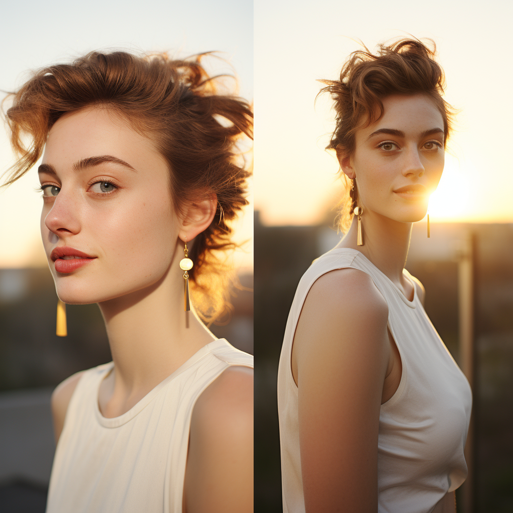 Beautiful happy girl with golden earrings enjoying the golden hour