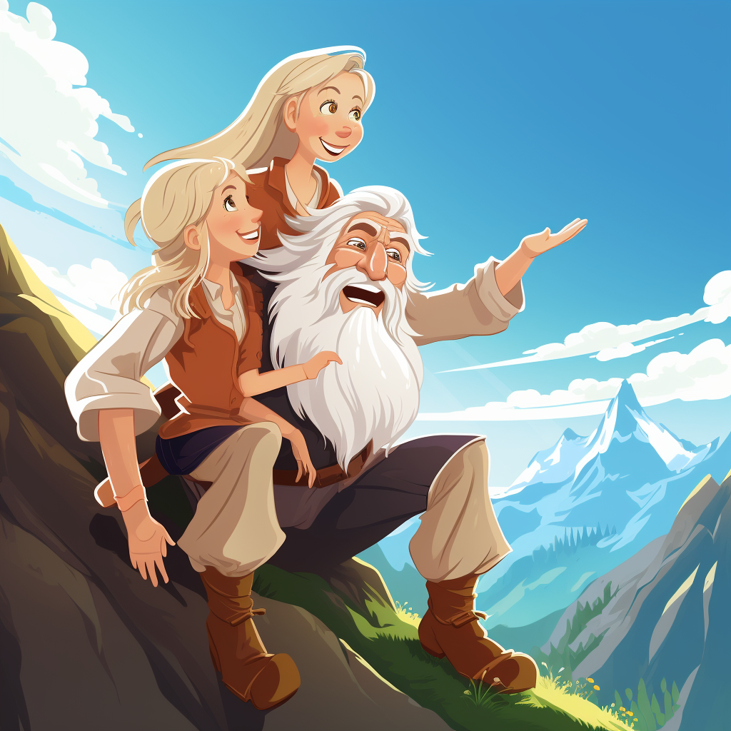 Illustration of a happy girl meeting a wise old man