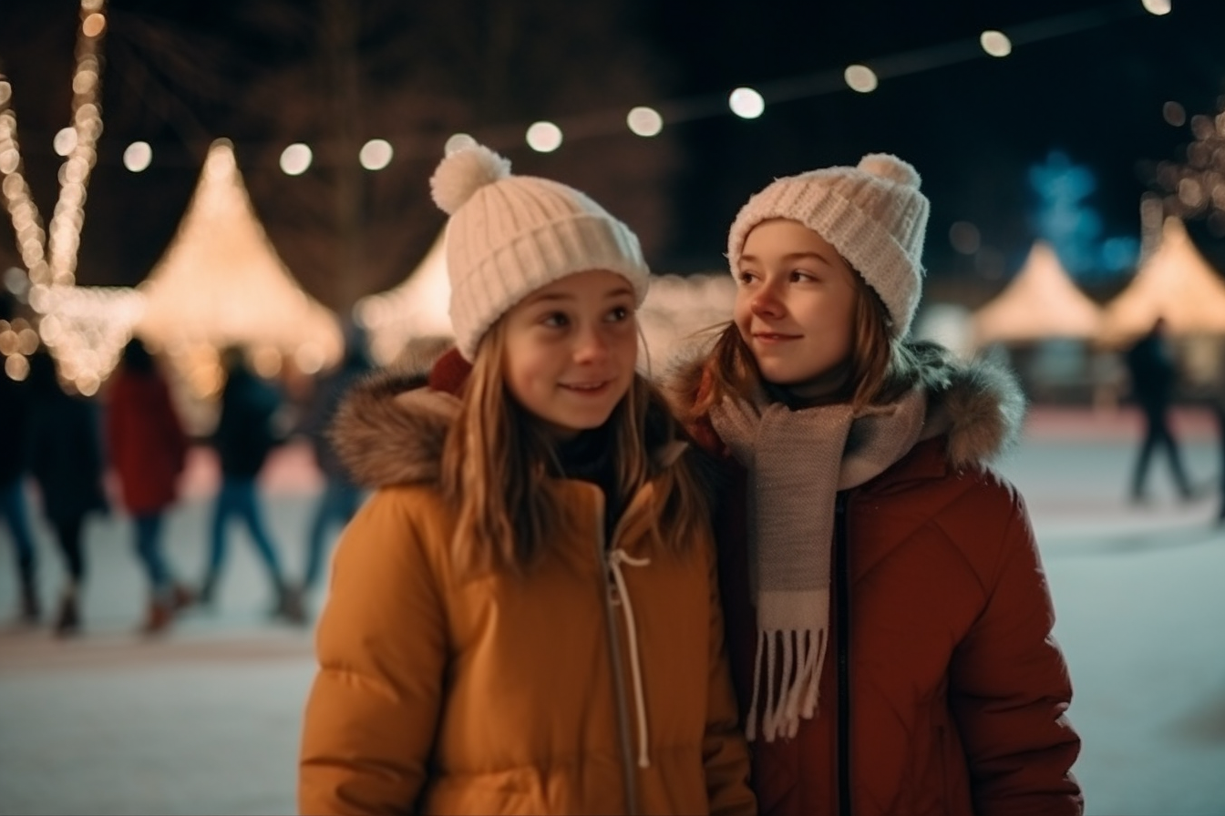 Two happy girls ice skating in winter wonderland