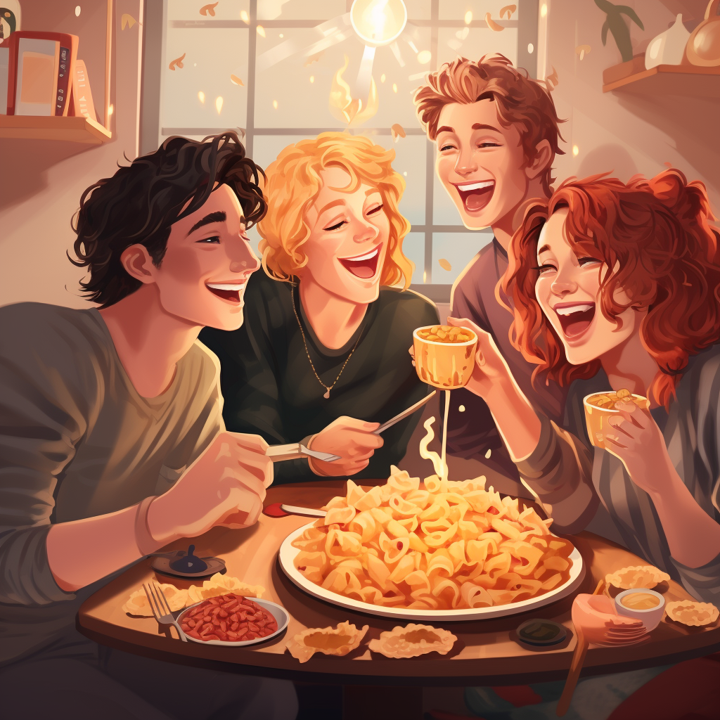 Happy group of friends enjoying Mac and Cheese