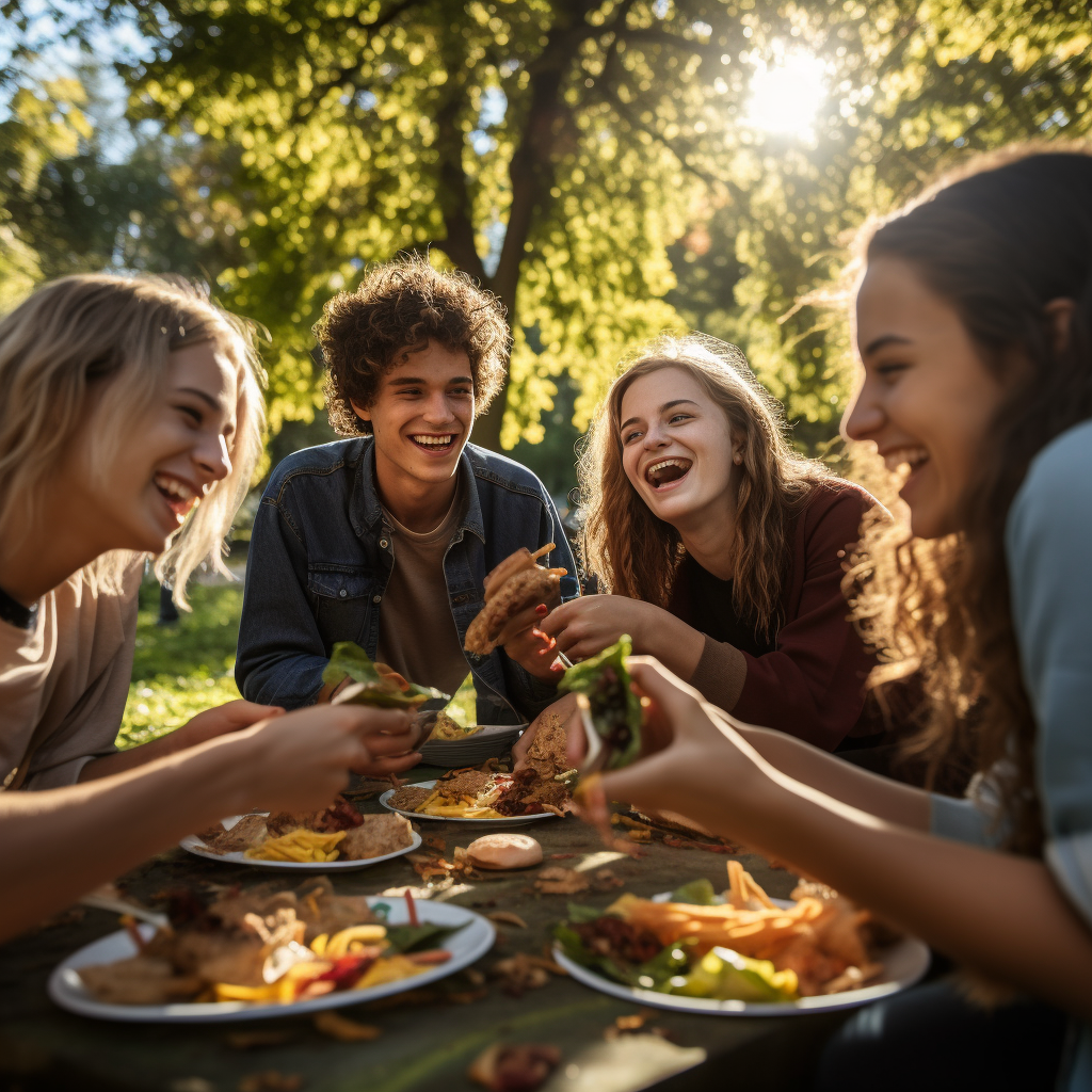 Happy Group of Teenagers Eating Nutritious Food in a Park