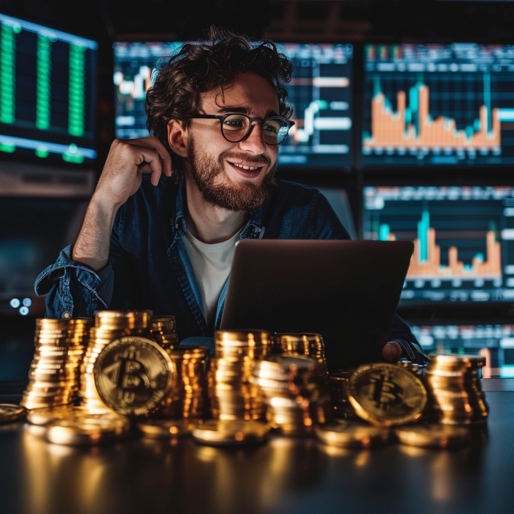 Happy guy trading on laptop