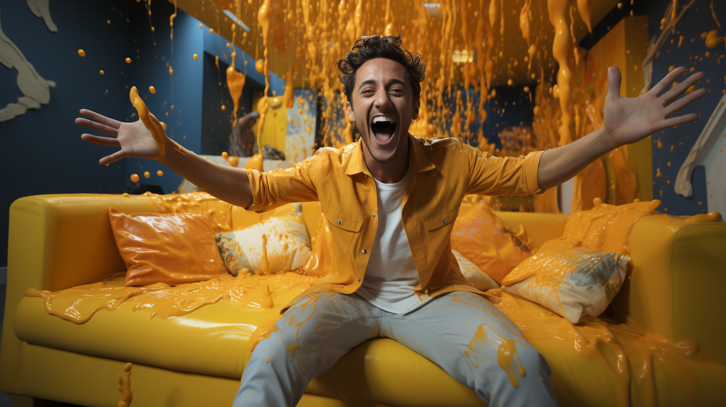 Happy guy in yellow jumpsuit gliding down blue pathway