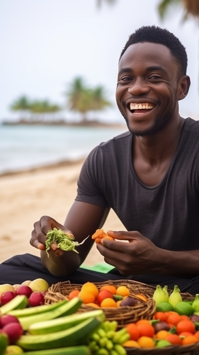 Black man eating fruit on beach