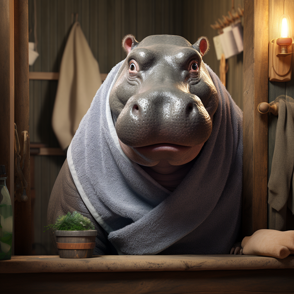 Smiling hippo enjoying sauna time