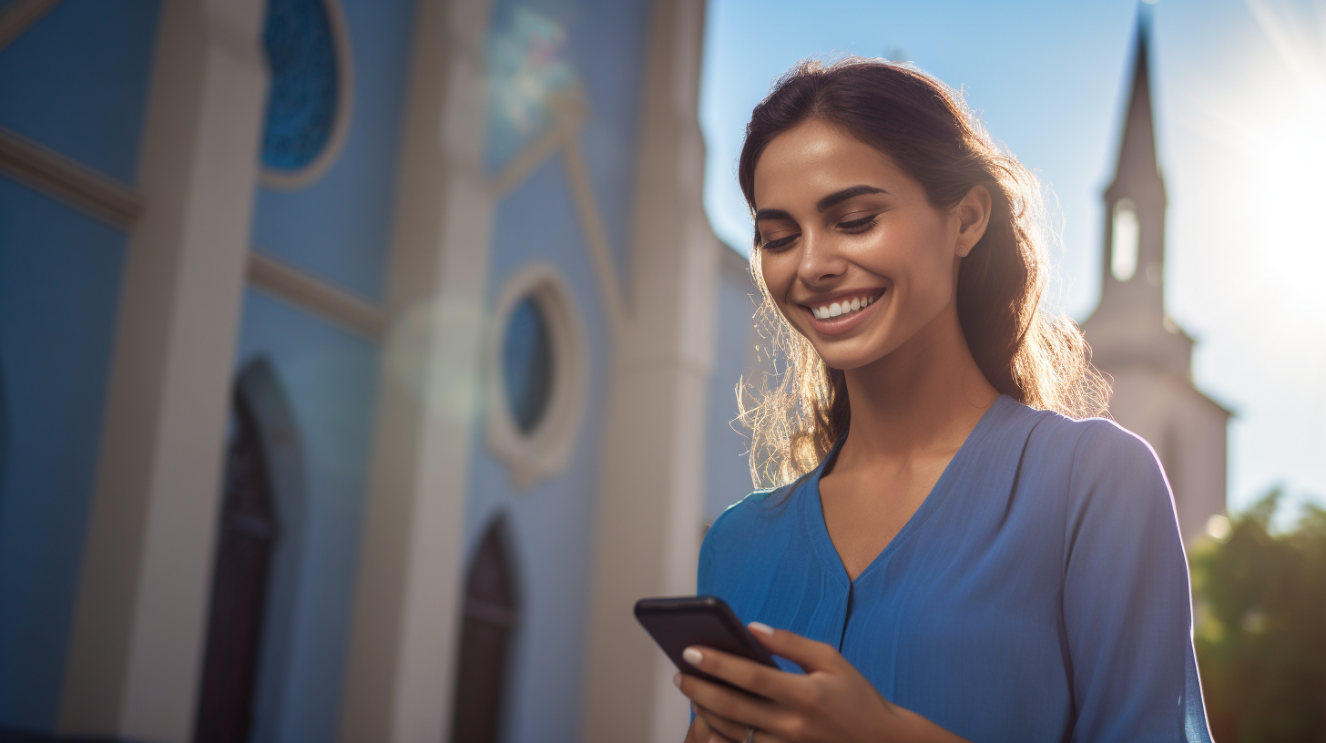 Happy Hispanic Female Checking iPhone at Church  ?