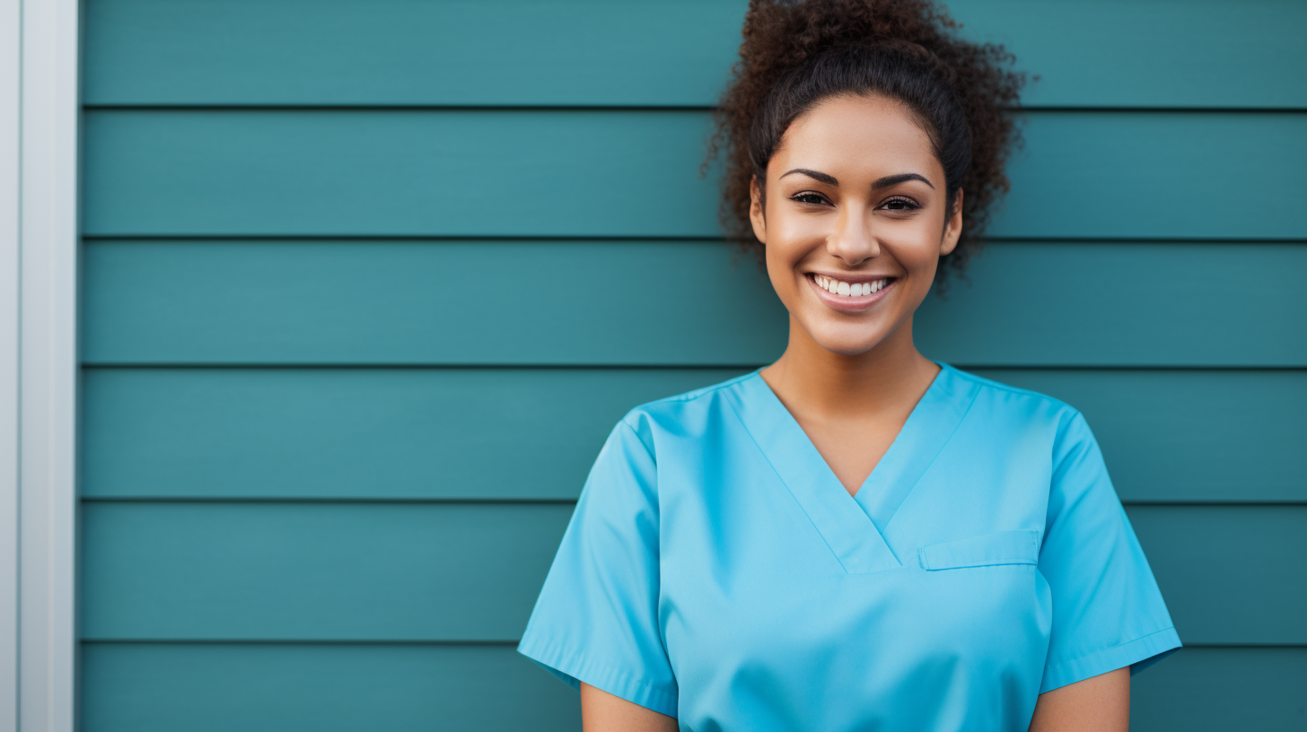 Young nurse in blue scrub smiling