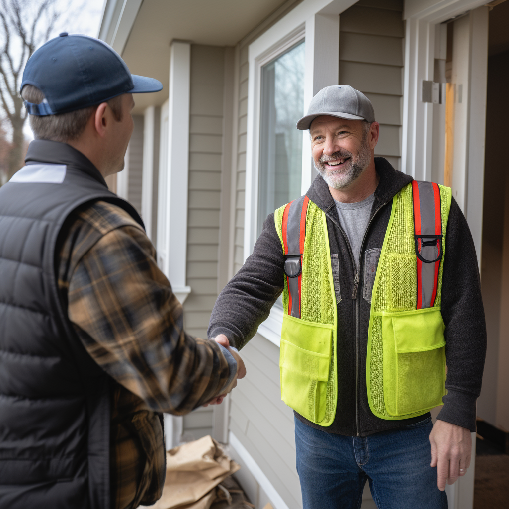 Smiling couple with contractor during window and door replacement