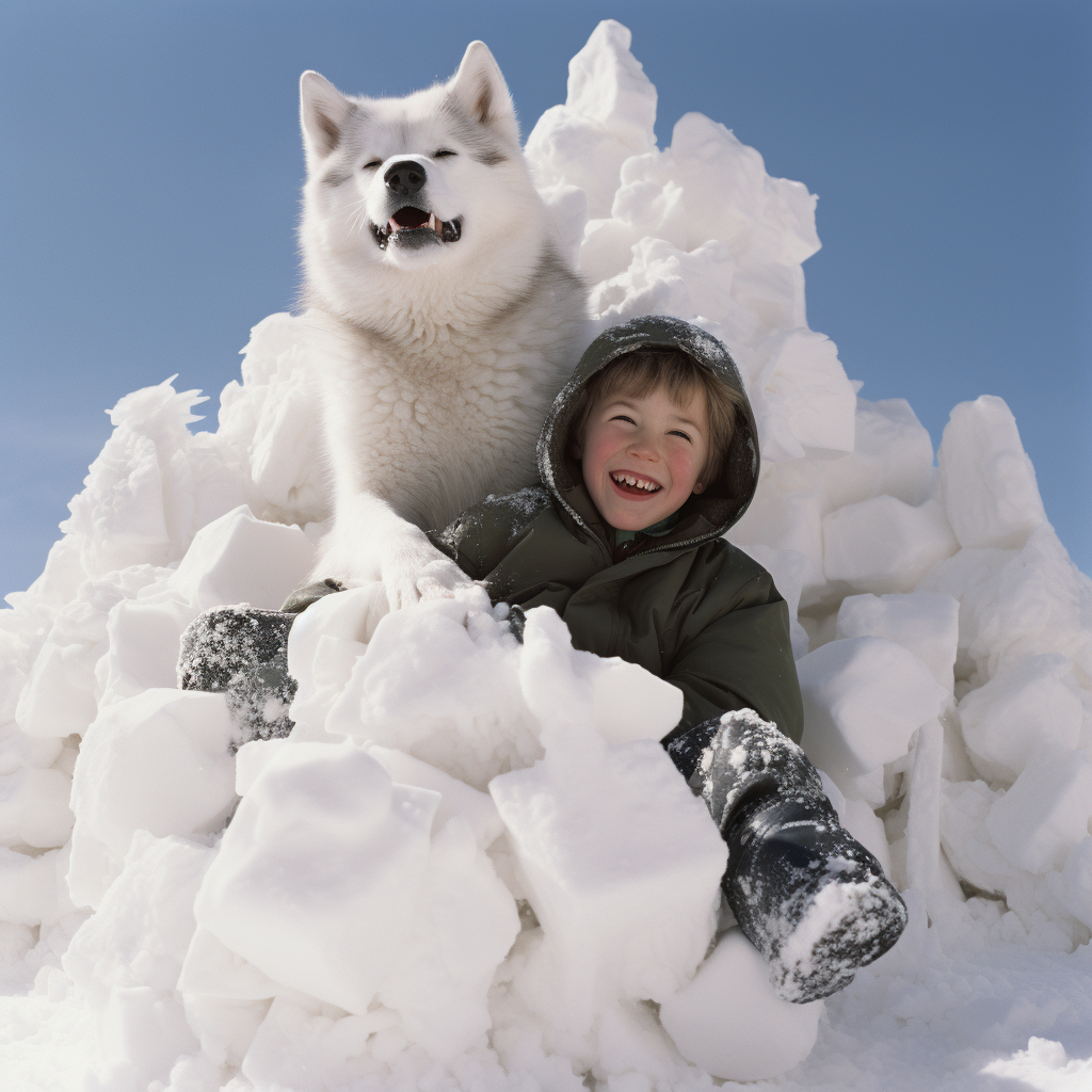 Snow Sculpture of Happy Husky Dog and Boy Playing