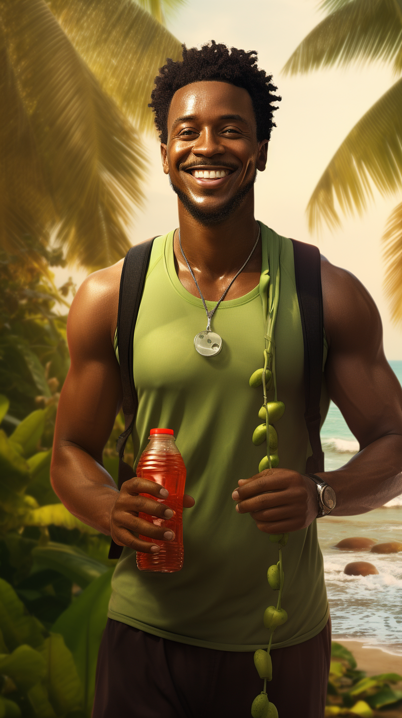 Happy hydrated man in tropical scenery