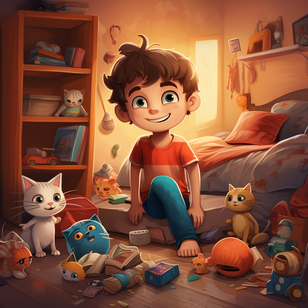 Happy kid in colorful bedroom with a happy cat