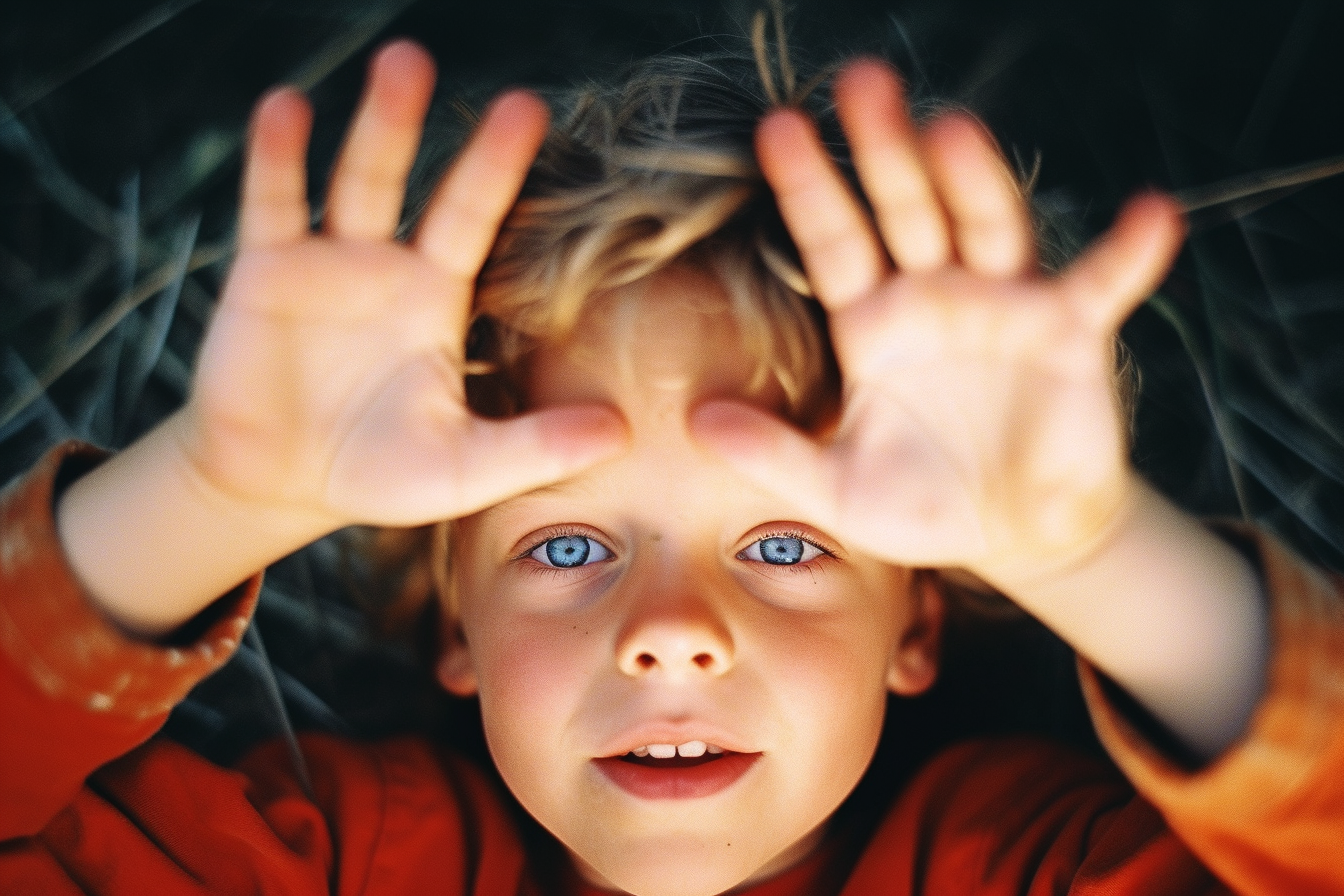 Happy 6-year-old holding hands over head