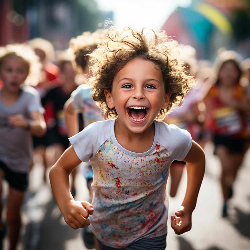 Happy kids racing at the finish line