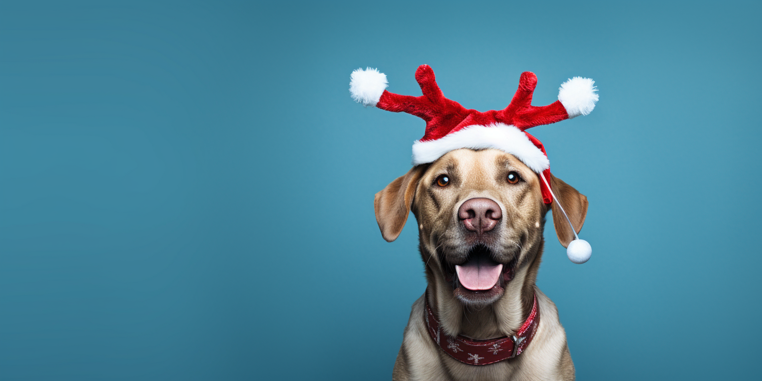 Happy Labrador Retriever in Santa Claus hat and antlers