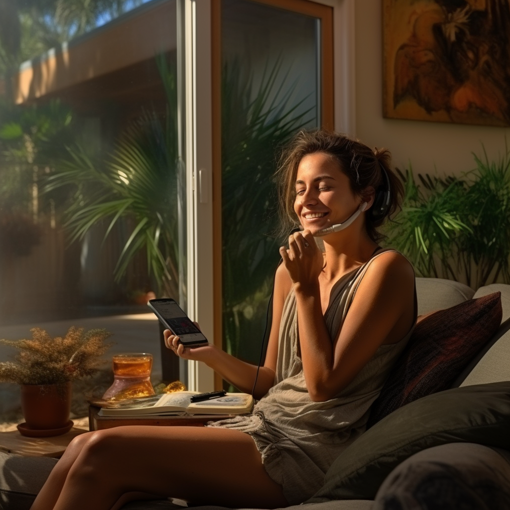 Happy lady talking on phone in living room