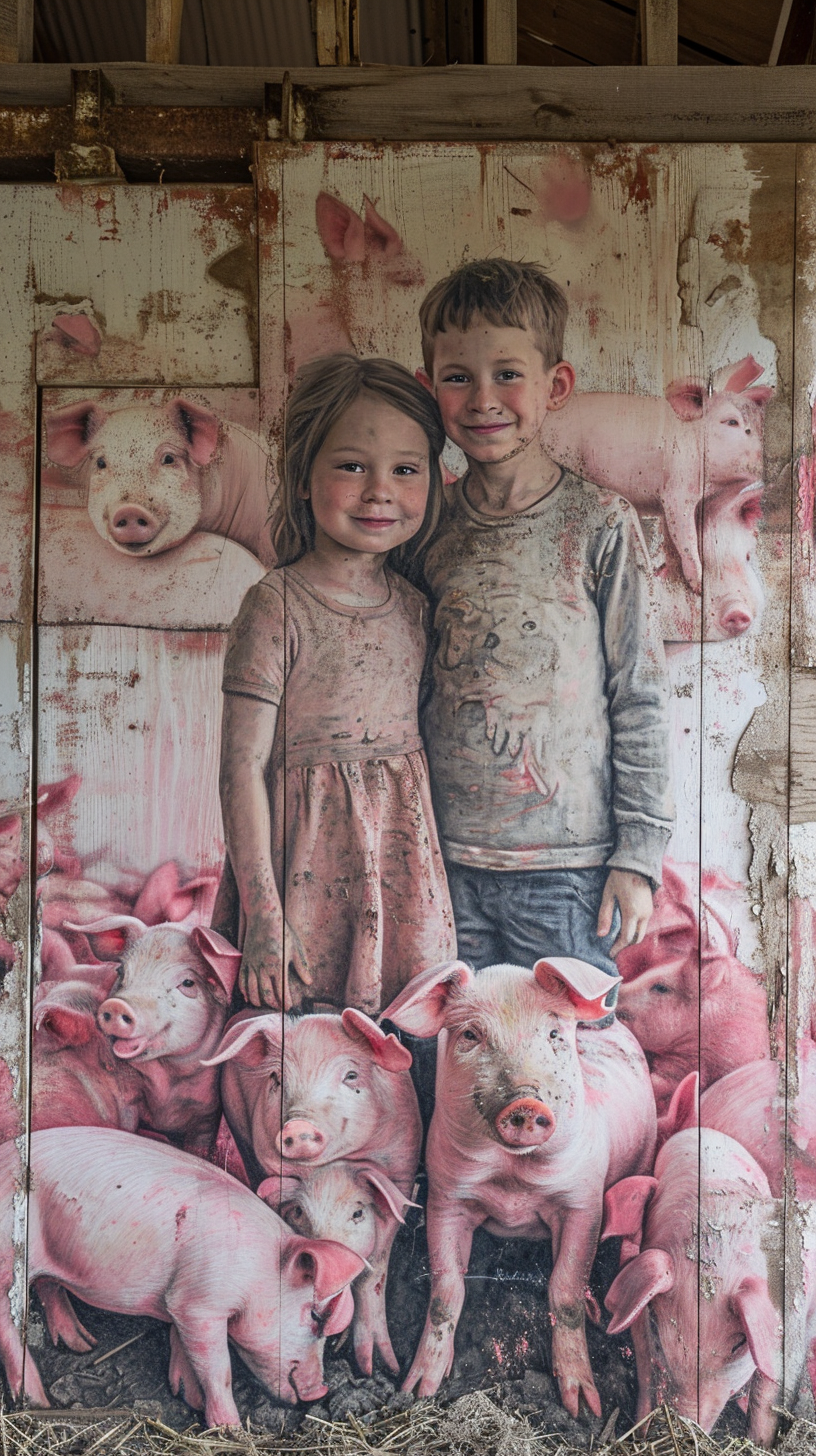 happy children surrounded by pink pigs drawings