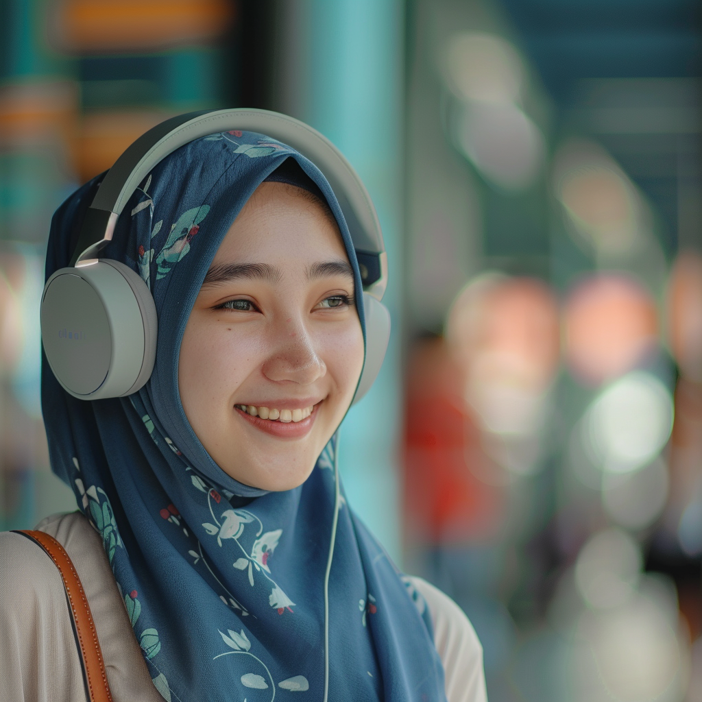 Happy Malay girl listening music