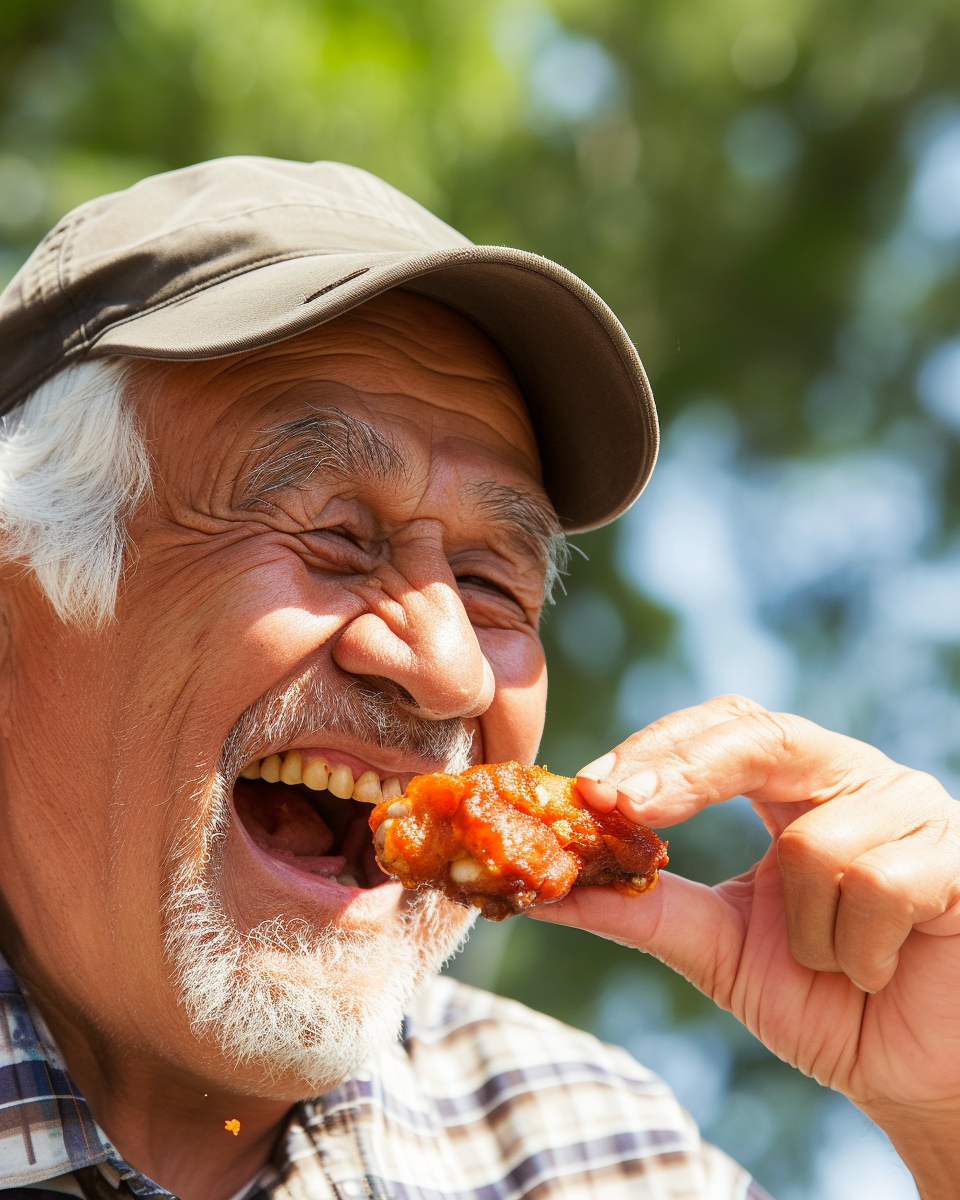 Happy man eating chicken wing