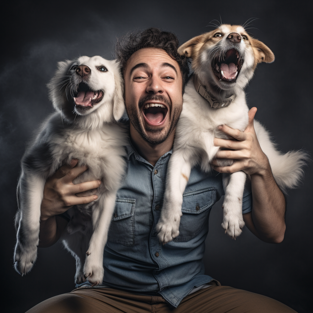 Man happily hugging cat and dog