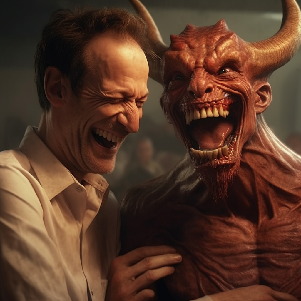 Happy man laughing with devil artwork