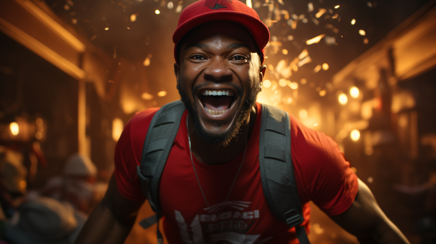 Happy African American Man Running with Box