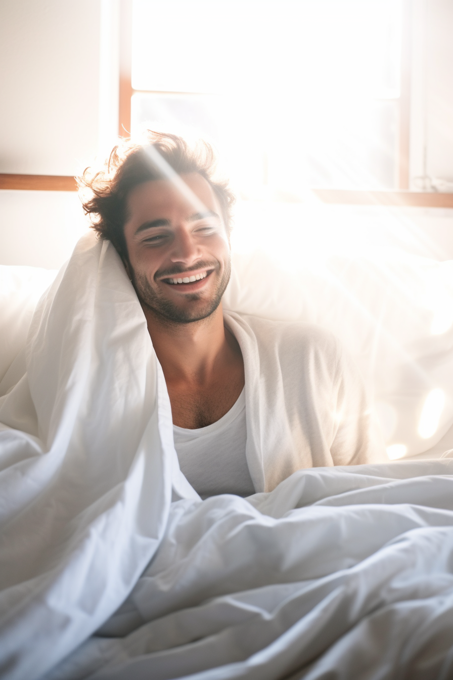 Happy man relaxing in bed