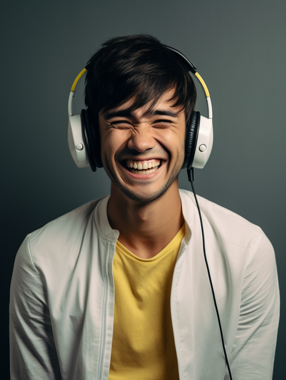 Happy man wearing Sennheiser headphones